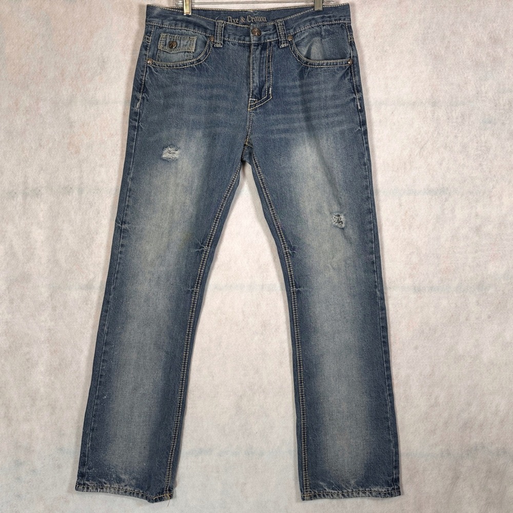 Axe & Crown Jeans Mens 33x34 Straight Blue Good Distressed Embroidered Street